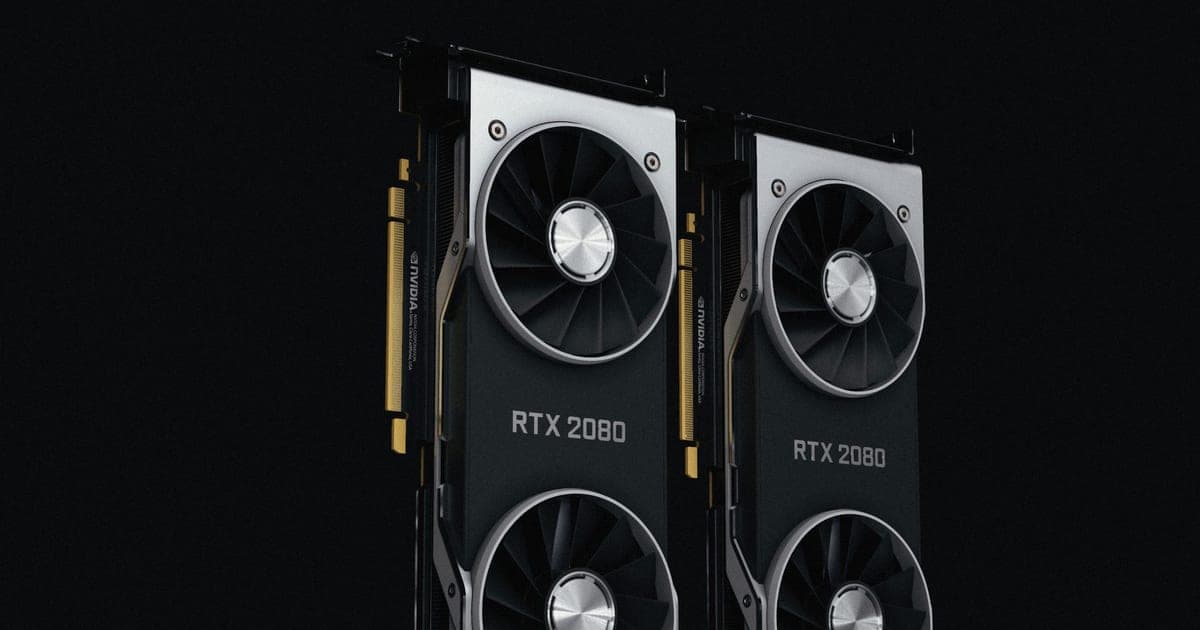 Two RTX 2080 graphics cards standing side by side against a black background